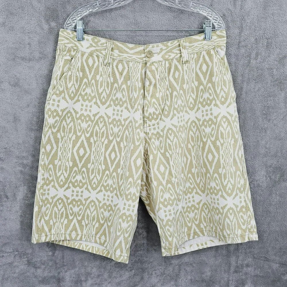 Parish Nation Mens Bermuda Shorts 38 Tan Cream Ikat Print Button Fly Retro 90s